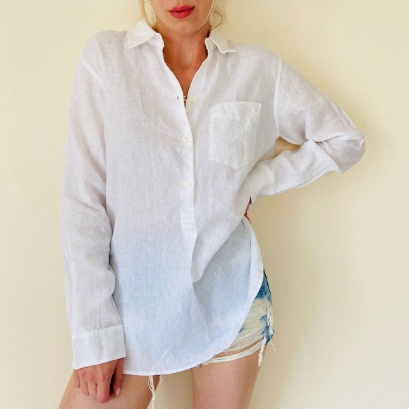 New Lauren Ralph Lauren white linen relaxed fit half button long sleeve shirt - Picture 4 of 11